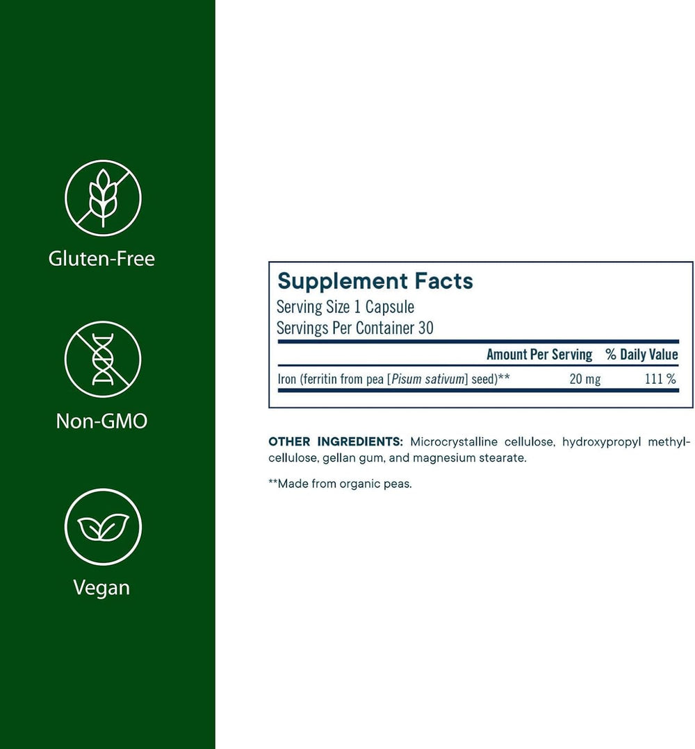 FloraHealth Ferritin+ Iron, Non-Constipating, Blister Pack, 30 Veg Caps