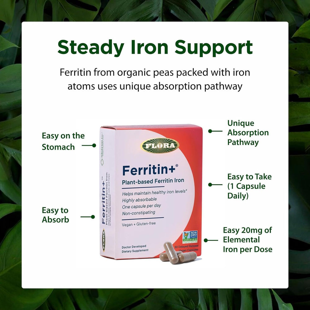 FloraHealth Ferritin+ Iron, Non-Constipating, Blister Pack, 30 Veg Caps