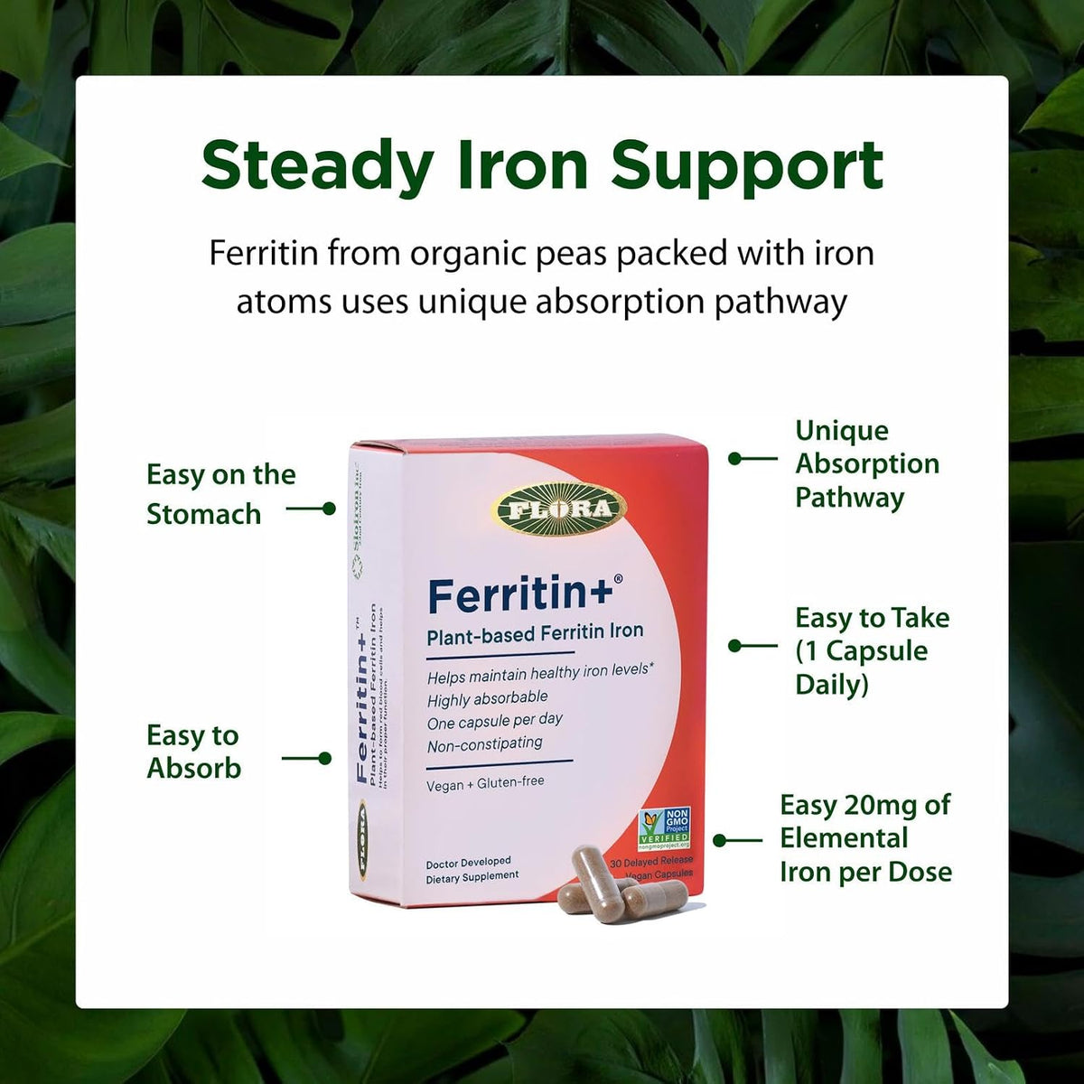 FloraHealth Ferritin+ Iron, Non-Constipating, Blister Pack, 30 Veg Caps