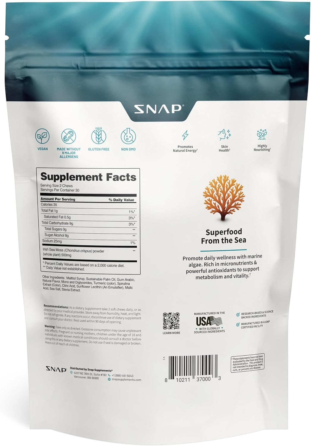 Snap Supplements Irish Sea Moss, Marine Algae, Green Apple, 60 Soft Chews